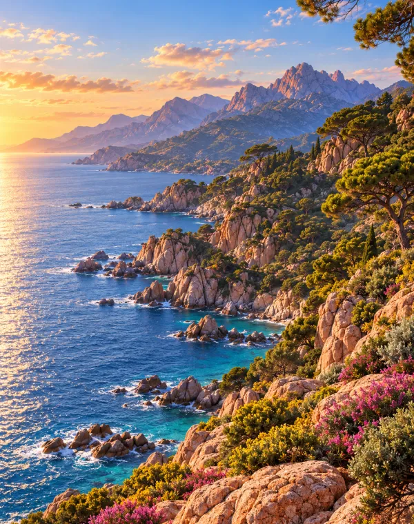 Illustration du littoral et des montagnes corses.