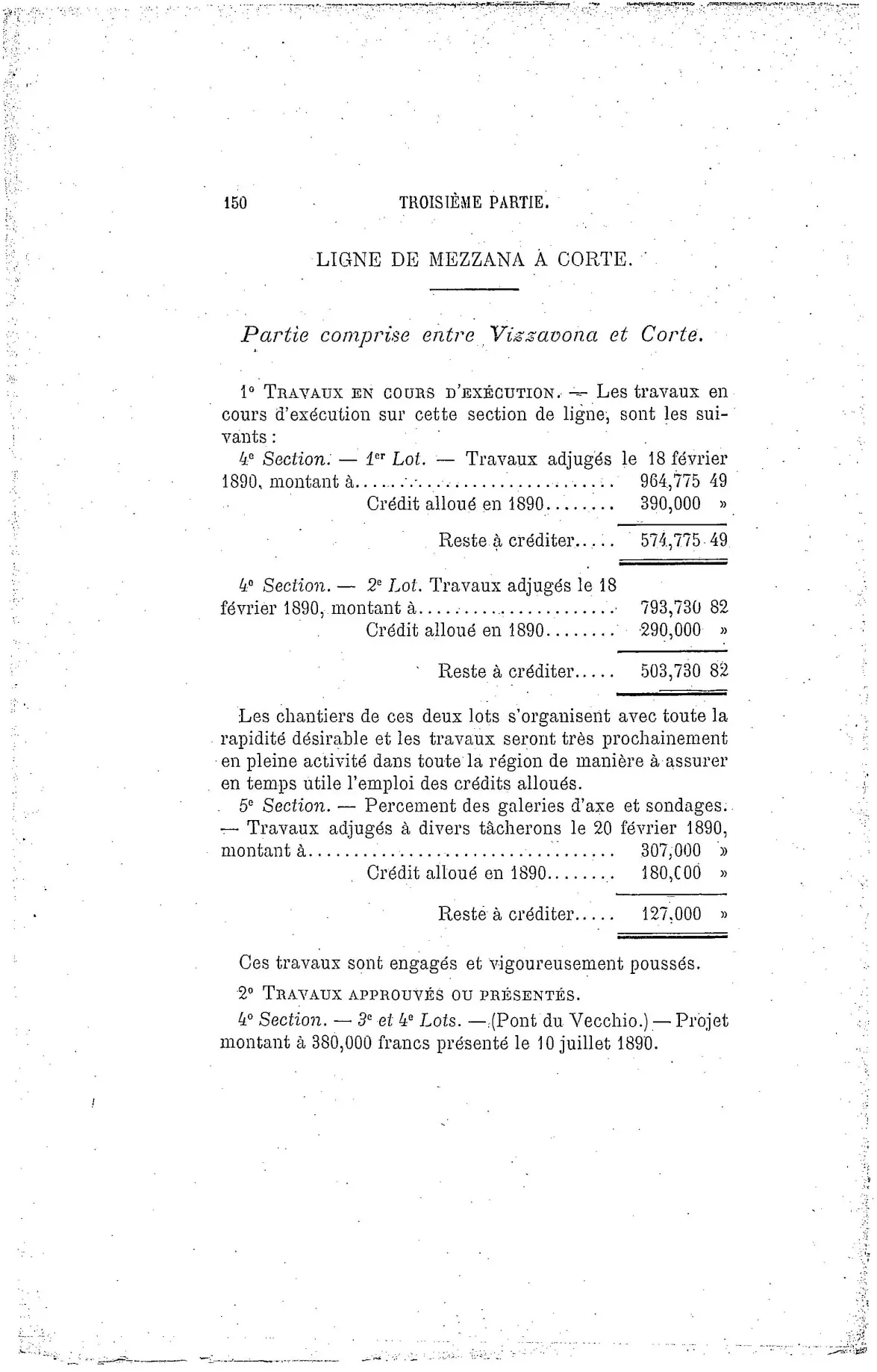 Rapport, page 150 : travaux de 1890 sur la ligne de Mezzana à Corte, dont le pont du Vecchio.