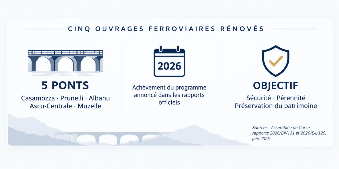 Cinq ponts rénovés : Casamozza, Prunelli, Albanu, Ascu-Centrale et Muzelle ; achèvement annoncé en 2026.