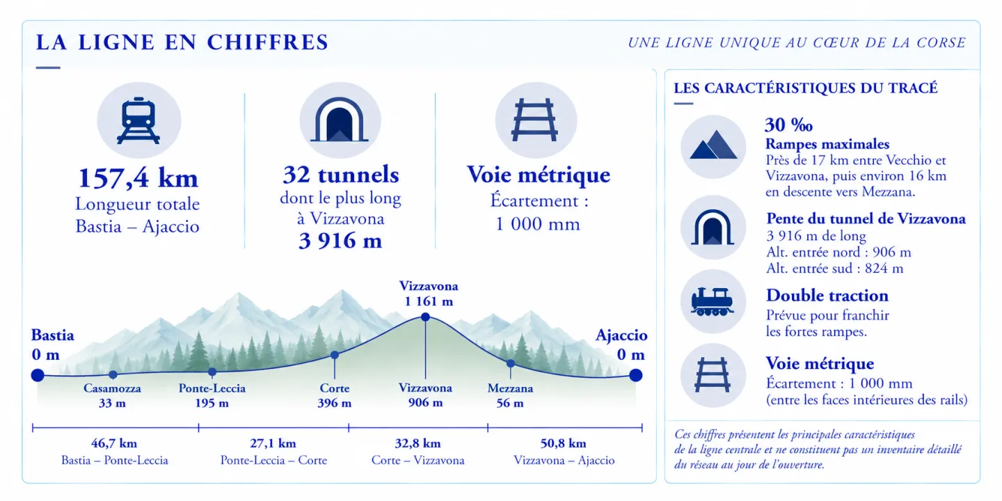 La ligne Bastia–Ajaccio en chiffres : distances, tunnels, écartement et rampes.
