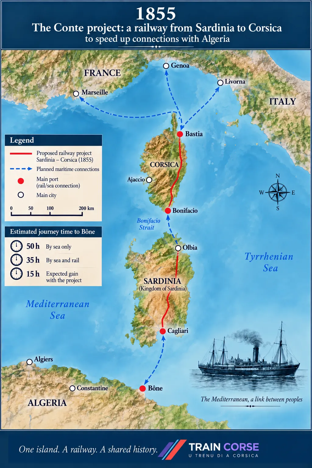 Conti’s Sardinian–Corsican connection proposal in 1855.