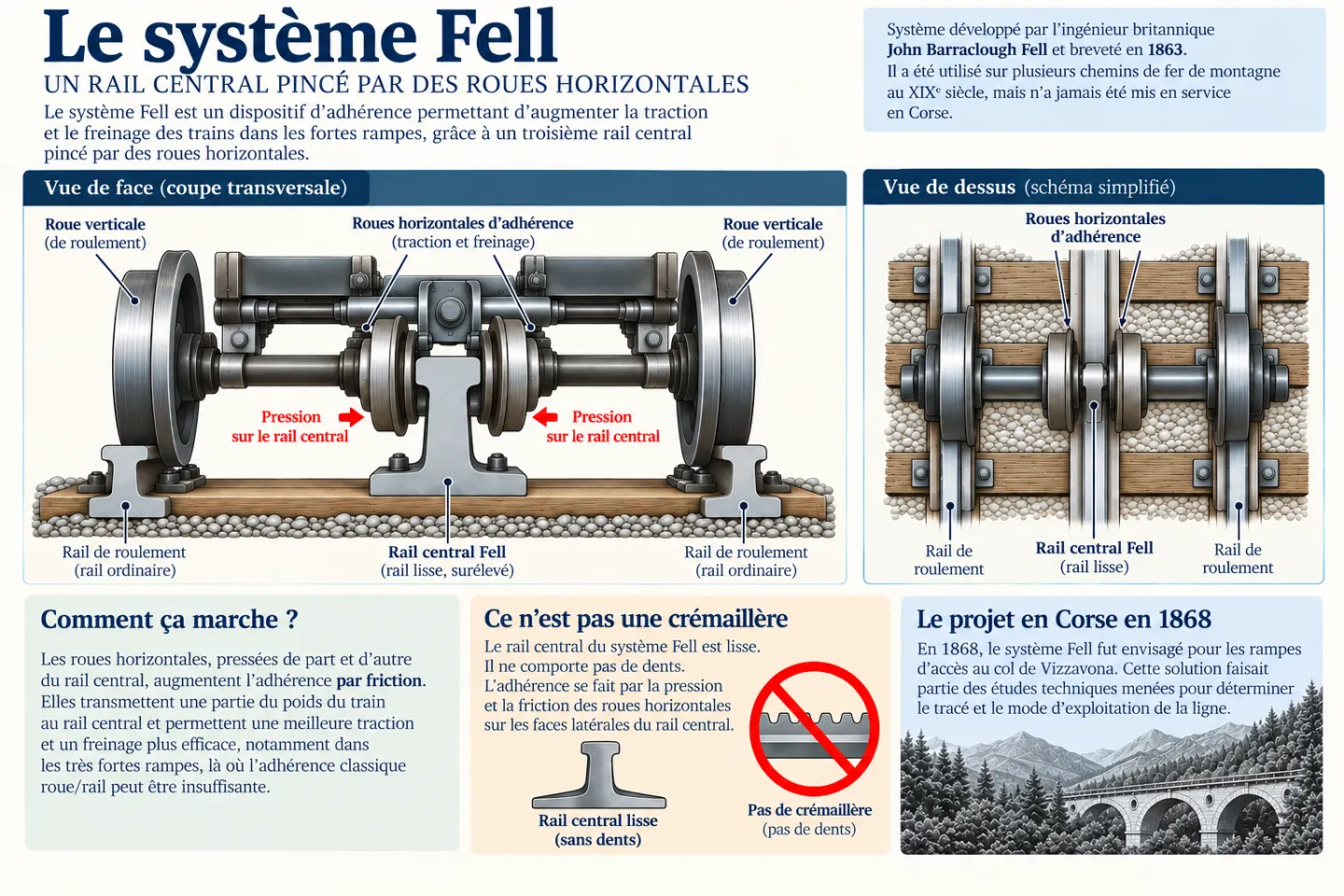 Principe du système Fell à rail central.