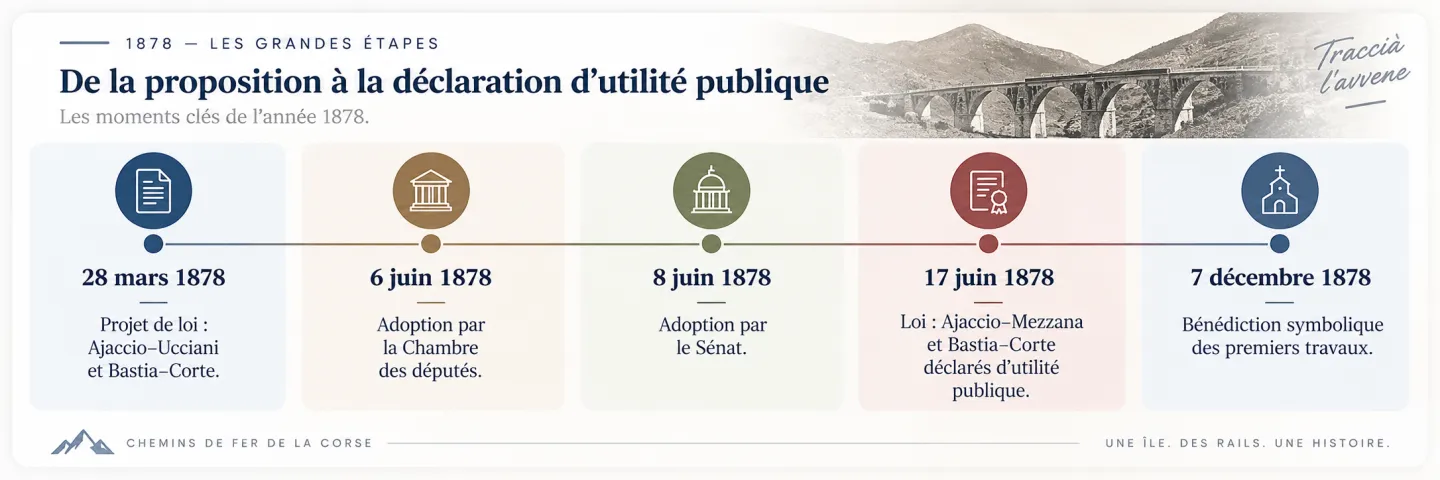 Les étapes législatives du chemin de fer corse en 1878.