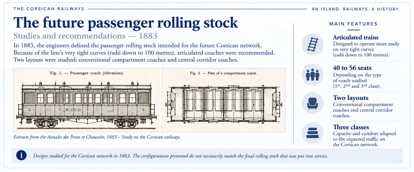 Studies for Corsican passenger coaches in 1883, with up to 56 seats.