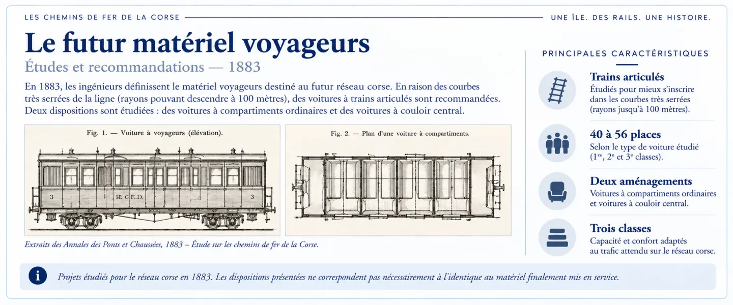 Études des voitures voyageurs corses en 1883, jusqu’à 56 places.
