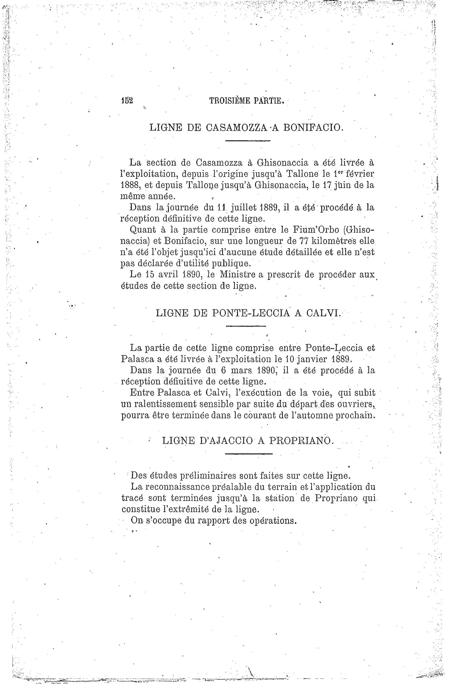 Raportu, pagina 152: linee da Casamozza à Bonifacio, da Ponte-Leccia à Calvi è da Ajaccio à Propriano.
