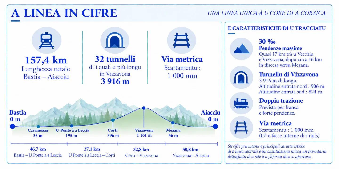 A linea Bastia–Aiacciu in cifre: distanze, tunnelli, scartamentu è rampe.