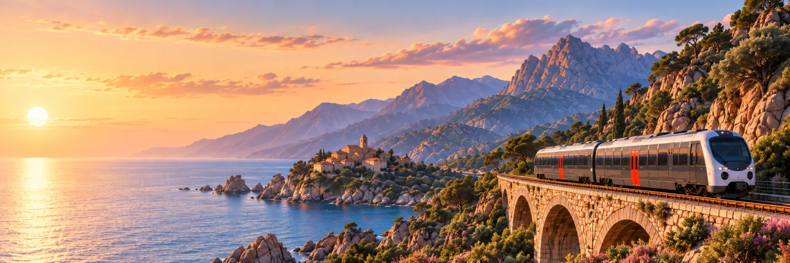 Illustration du chemin de fer corse entre mer et montagne au coucher du soleil.